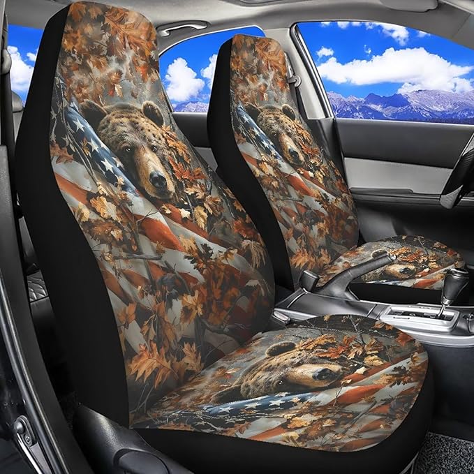 Camouflage Hunting Bear Car Seat Covers Breathable Front Seat Covers Easy Installation Stretch Polyester Fabric Cover Protection Interior Accessories Universal Fit Most Cars SUV