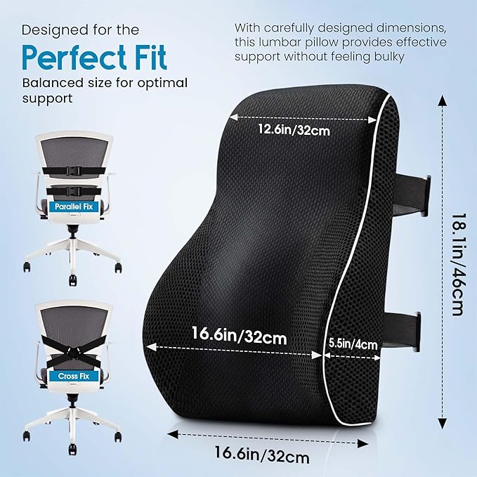 Lumbar Support Pillow for Office Chair and Car, Premium Memory Foam Back Cushion for Back Pain Relief Improve Posture Ergonomic Cushion with Breathable Mesh Cover and Adjustable Straps