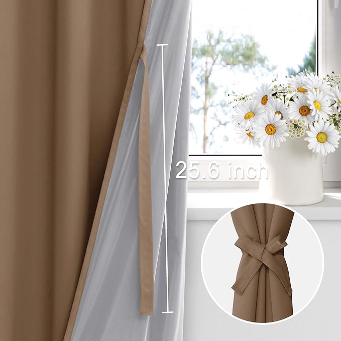 XWZO 100% Blackout Curtains with Tiebacks- 2 Thick Layers Completely Shaded Window Treatment Thermal Insulated Lined Drapes with Grommets for Bedroom/Patio Door, Cappuccino, W52 x L63, Set of 2
