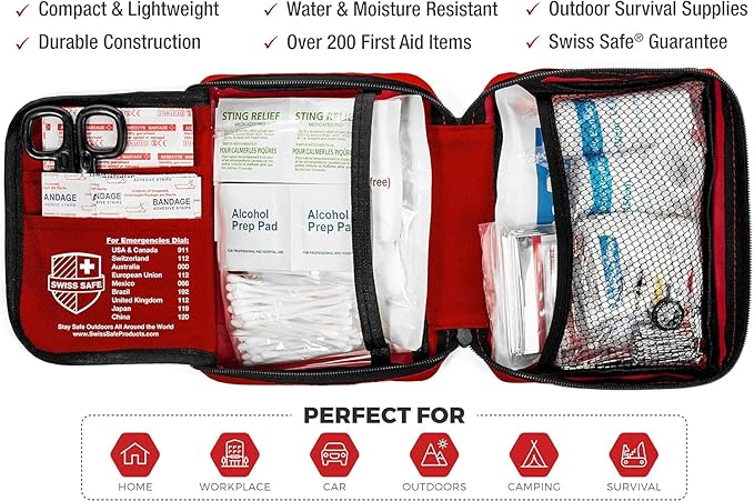 Swiss Safe 2-in-1 First Aid Kit for Car, Travel & Home, Businesses - Bonus Mini Kit for Medical Emergency Aid, Survival, Camping - 200 Pcs, Medium FAK