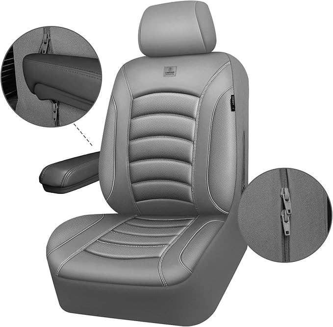CAR PASS 3D Foam PU Leather Car Seat Covers, Universal Seat Covers Front 2 for Trucks SUV Sedan Automotive Seat Covers Armrest Airbag Compatible Waterproof Comfortable Faux Nappa Leather All Gray