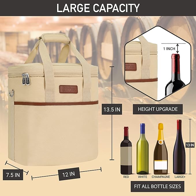 Opux 6 Bottle Carrier Tote | Insulated Padded Cooler Bag for Travel, Picnic, BYOB | Portable Leakproof Wine Tote for Dinner, Party, Christmas, Gift for Women, Men (Cream Beige)