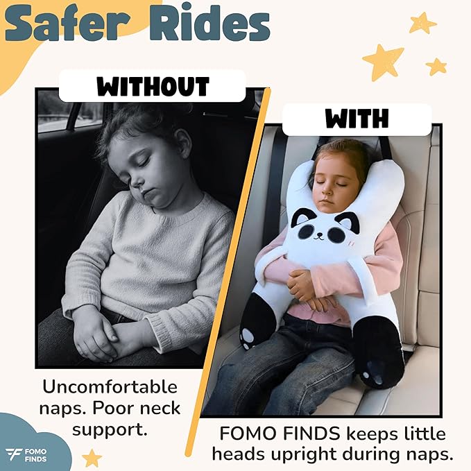 Kids Car Sleeping Pillow - X-Shaped Plush Animal for Neck & Back Support - Hands & Seat Belt Slot - Machine Washable & Compressible - Perfect for Car, Plane, Train, Boat & More - White