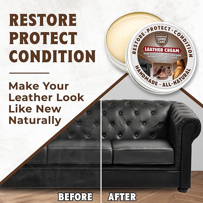 European Leather Care 8 oz Cream Leather Cleaner and Conditioner All Natural Leather Boots Leather Maintenance Cream Leather Conditioner Shoe Polish, Leather Couch, Furniture, Purses, Car, Saddle USA