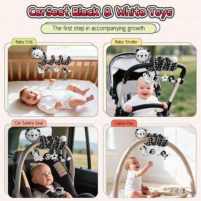 FPVERA Car Seat Toys for Babies 0-6 Months: Travel Baby Toy for Soft Hanging Toys for Carseat, Spiral Plush High Contrast Black and White Toy for Boys Girls
