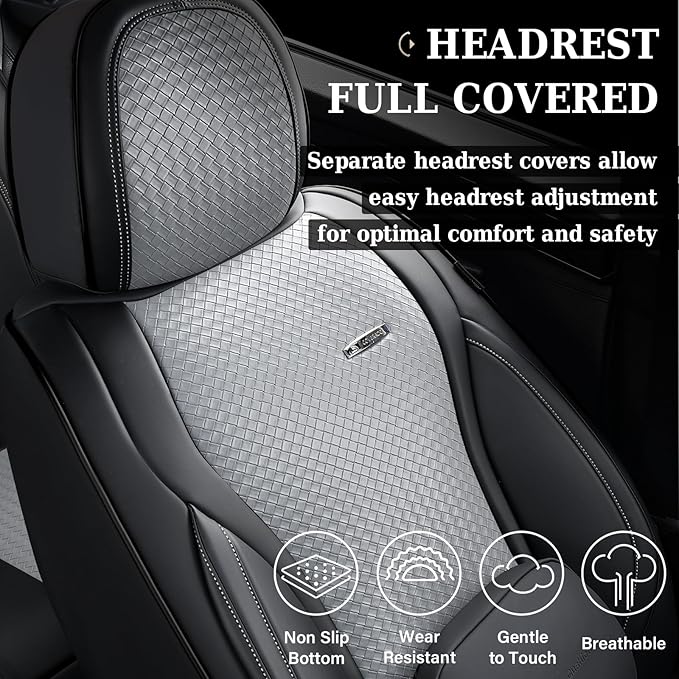 Coverado Car Seat Covers Full Set, Black Gray Seat Covers for Cars, Waterproof Nappa Leather Automotive Seat Covers with Lumbar Head Pillow, Car Seat Protectors, Universal Fit for Most Cars SUV