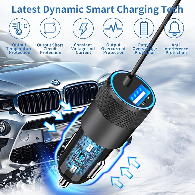 【MFi Certified】iPhone Fast Car Charger, Caiinei 4.8A Dual USB Power Cigarette Lighter iPhone Car Charger Fast Charging Built-in 6FT Lightning Cable for iPhone 14 13 12 11 Pro Max XS Mini XR X SE iPad