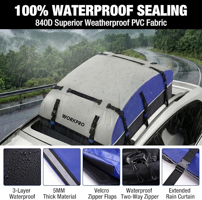 WORKPRO Rooftop Cargo Carrier Roof Bag, 21 Cubic Feet, Waterproof Roof Rack Cargo Carrier for Vehicle with/Without Rack, Heavy Duty 840D PVC, Includes Anti-Slip Mat, 6 Safety Hooks and Storage Bag