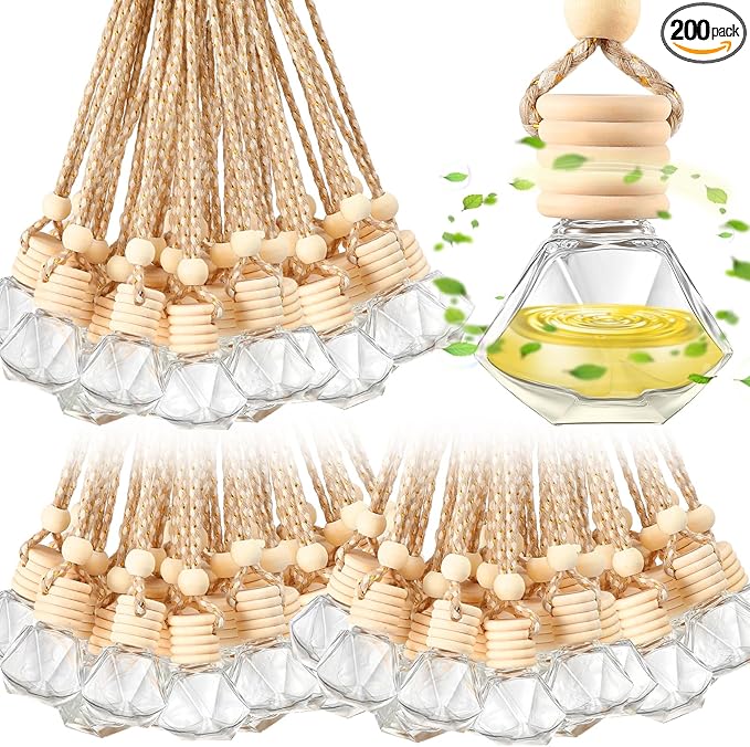 Domensi 200 Pcs Car Diffuser Bottles Air Freshener Bulk, Hanging Empty Glass Perfume Bottles Refillable Air Freshener Pendant Fragrance Vials Ornament Decor with Wooden Caps String(Classic)