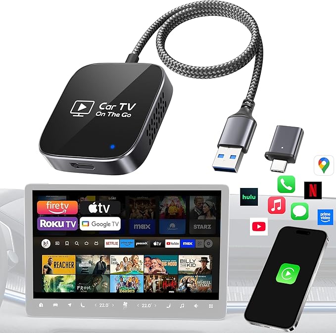 2-in-1 Wireless CarPlay Adapter & Car TV Mate Pro 2026 [Metal & Glass Case] Convert Wired to Wireless Car Play with HDMI Input for TV Stick, Screen Mirroring & Streaming, Fit for 2016+ Cars -Black