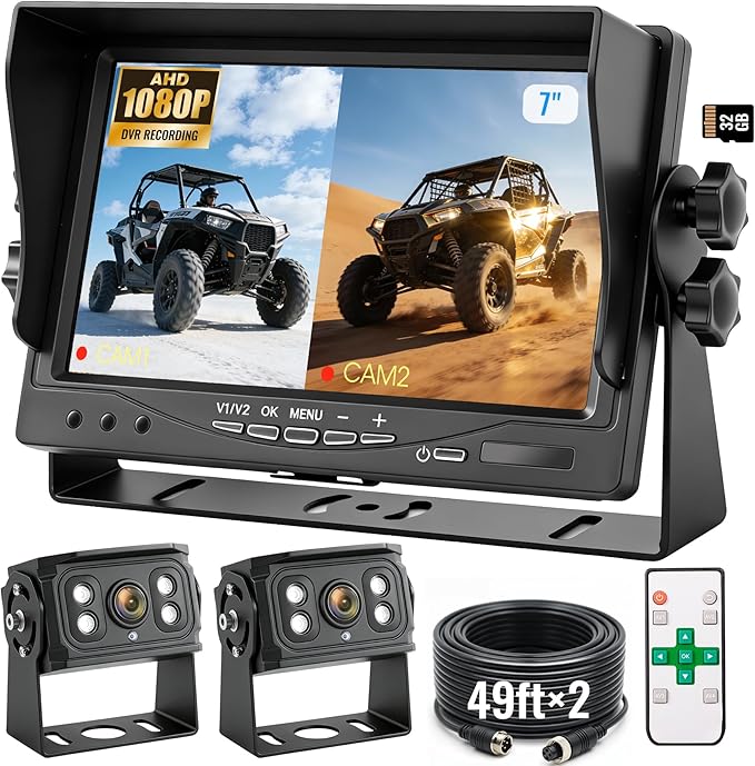 7" 2-Wired Backup Camera System, DVR Dual Screen Rear View Camera, IP69 Waterproof IR Night Vision, 20G Vibration-Proof for Trailer/RV/Tractor/Truck/Combine/Skid Steer/Heavy Equipment/UTV, Y1
