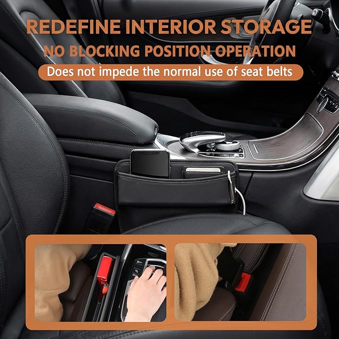 2PCS Car Seat Gap Filler Organizer,Large Capacity Car Center Console Organizer for Storing Keys/Phones/Cards,Leather Front Seat Organizers with 2 Charging Cable Holes
