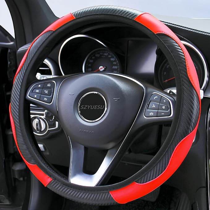 Car Steering Wheel Cover, 15 inch Microfiber Leather Carbon Fiber Soft Anti-Slip Breathable, Universal Size Elastic Car Accessory for Most Cars (Red)