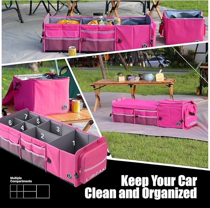 LIBZAKI Oversize 4 in 1 Car Trunk Storage Organizer, Multi Compartment Collapsible Trunk Storage Box with Cooler Bag for Car Truck SUV-Rose red