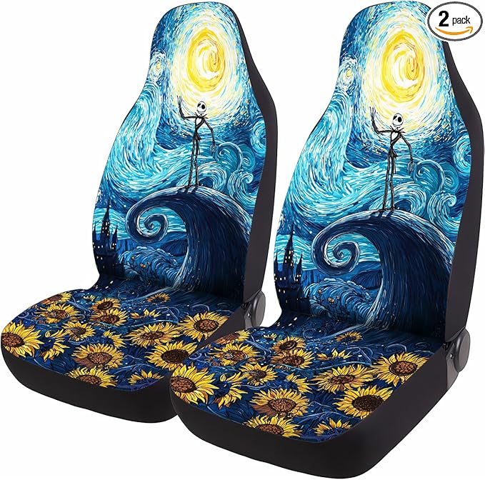 GENANY Nightmare Skeleton Car Seat Covers Set of 2, Starry Night Breathable Front Seat Covers for Truck Sedan SUV, Spooky Car Accessories, Spooky Gift for Women Men