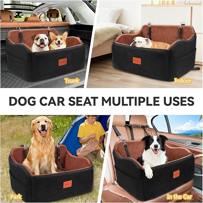 Dog Car Seat for Medium/Large Dogs, Memory Foam Pet Booster Seat for Under 55 lbs or 2 Small Dogs, Detachable Dog Car Bed for Backseat with 2 Safety Leashes and Pockets(Black/Brown, Large)