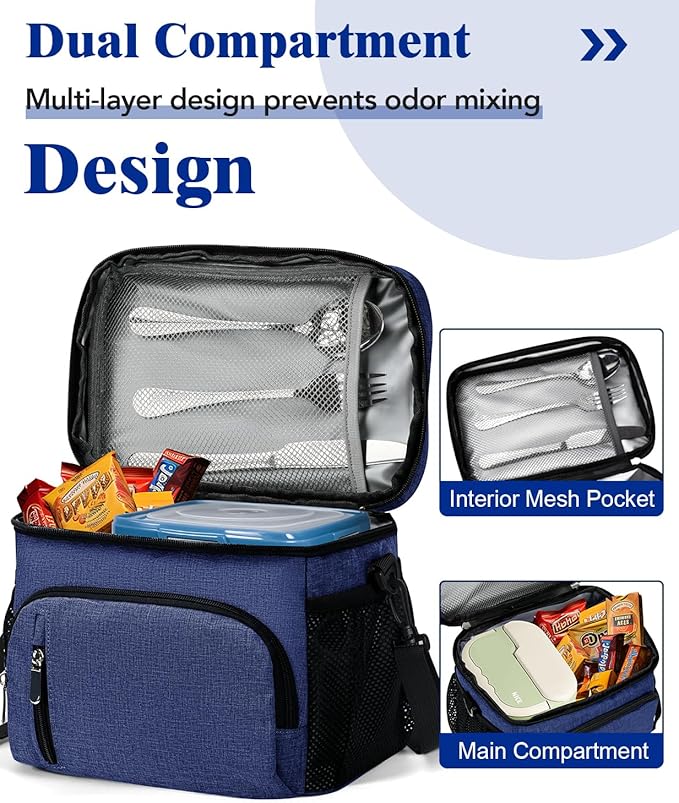 Insulated Lunch Bag for Men & Women, 9L Leakproof Lunch Box Soft Cooler Tote with 5 Pockets, 600D Oxford, EVA Lining, Adjustable Strap for Work, Picnic, Beach&Travel-Navy Blue