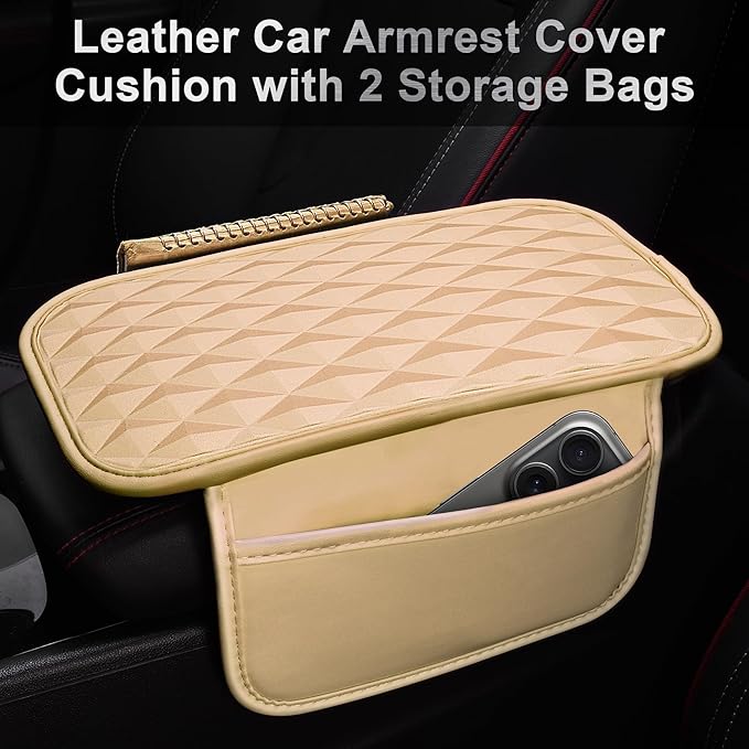 CAR PASS 3D Rhombus Leather Steering Wheel Cover Car Accessories Set, Comfortable Center Console Armrest Cushion with Storage Bags 2 Non-Slip Cup Coasters, 14.5-15in Car Interior Sets, 4 PCS All Beige