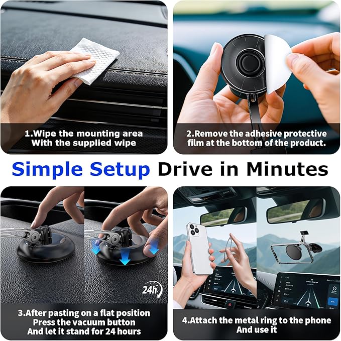 Dual Support for MagSafe Car Mount, Magnetic Phone Holder for Car with Vacuum, 360°Adjustable Metal Head &Extension Rod, Cell Phone Holders for Your Car for iPhone17/16/15/14/13/12, Android