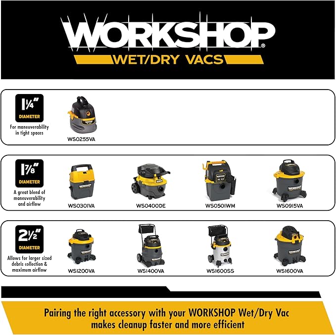 WORKSHOP Wet/Dry Vacs Shop Vacuum Accessories WS25022A Extra Long Hose Attachment, 2-1/2-inch x 20-feet Locking Hose for Wet Dry Shop Vacuum Cleaners