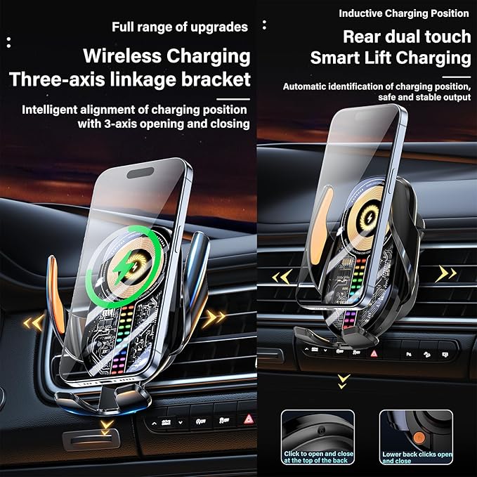 15W Car Phone Holder Wireless Charger - Auto Sensing Clamping 3-Axis Adjustable 360° Rotation Fast Charging Phone Holders for Your Car Vent Clip Slim Design with Unisex for iPhone Android Samsung