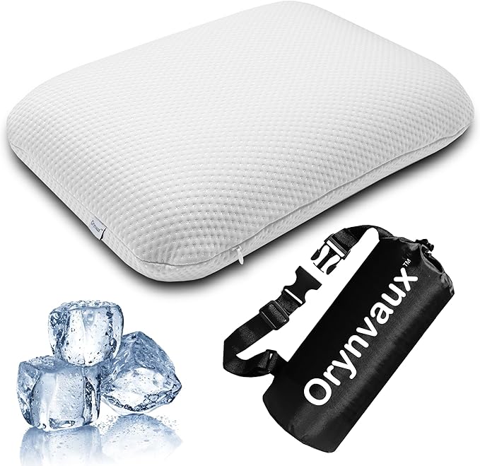 Cooling Camping Pillow, Memory Foam Travel Pillow with Adjustable Buckle Strap & Storage Bag, Compact Small Pillow for Airplane, Car Lumbar, Office, Washable Cooling Cover, Frost White