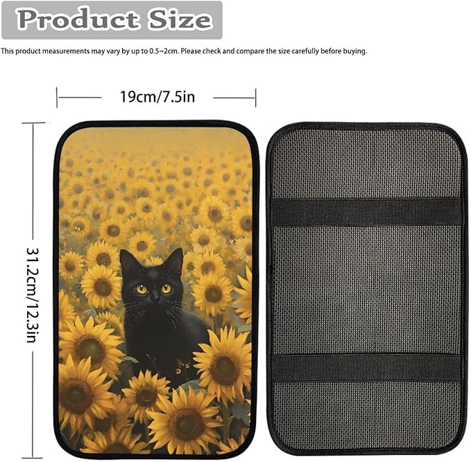 Cute Cat Car Center Console Cover Breathable Sunflower Car Armrest Cover Cushion Non Slip Middle Black Console Protector Mat Cute Cat Auto Interior Accessories Decor