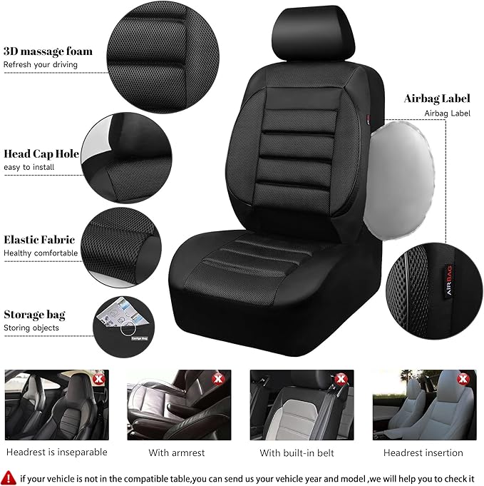 CAR PASS 3D Foam Leather Car Seat Covers Two Front Seats only, Air Cool Mesh Thick Seat Covers, All Weather Car Seat Cover Comfort & Protection for Truck,SUV,Sedan,Van, Airbag Compatible (Black)