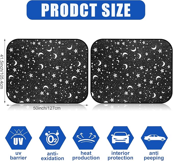 Moukeren 2 Pcs RV Windshield Sun Shade Foldable RV Window Covers for Car Accessories Reflective Windshield Cover UV Sun Heat Protector for RVs, Trucks, Motorhomes, Large Bus (Star Moon,41.5 x 50 Inch)