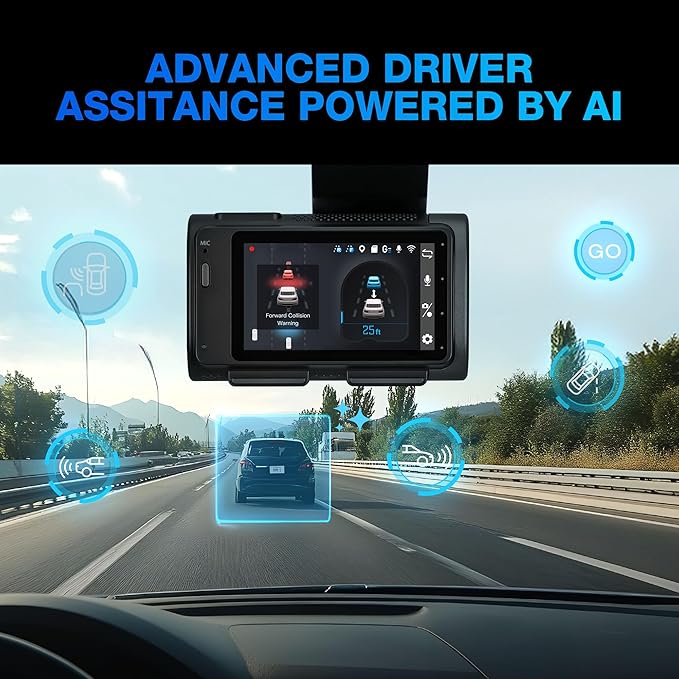 Type S T400 AI-Powered Driver Assistance 4K Dash Cam with ADAS, Collision Warnings, Lane and Pedestrian Detection, Vehicle Departure Reminders, Front Rear Smart Incident Video Surveillance, SD Card