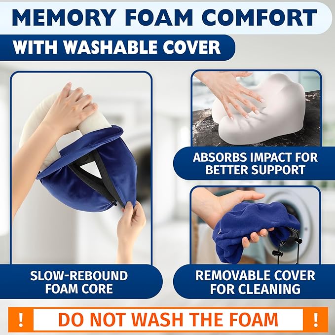 Neck Pillow for Plane Travel – 4-in-1 Kit | Adjustable Blue Memory Foam Neck Support Pillow, Eye Mask, Earplugs, & Cover | Cozy, Washable Cotton Cover with Secure Buttons – Comfort Traveling