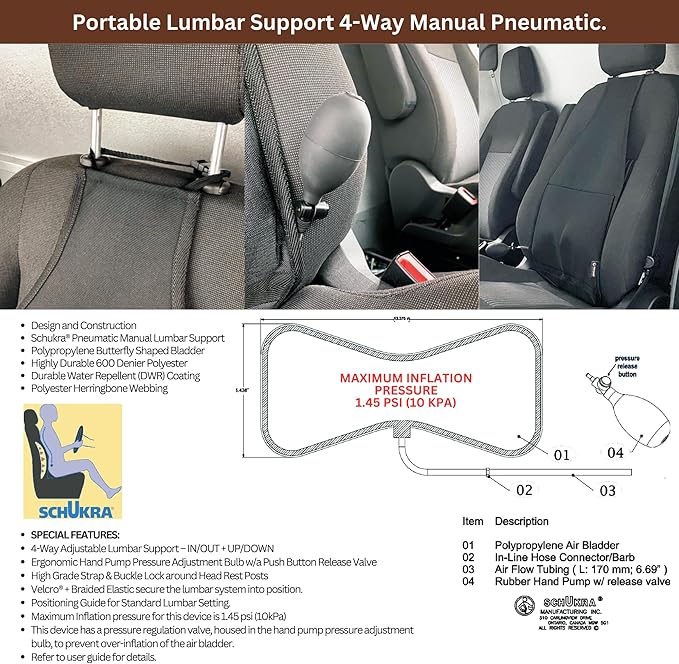 4-Way Adjustable Lumbar Support Pillow for Car, Mid/Lower Back Support Cushion for Car Seat, Back Pain Relief Lumbar Pillow, Black