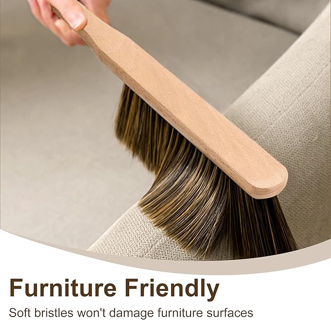 Hand Broom, 3 Pcs Dust Brush Set, 5 Rows Wider Horsehair Brush with Reinforced Fiber and Beech Wood Handle, Soft and Flexible for Furniture, Sofa, Bed, Clothes, Carpet, Counter, Bench