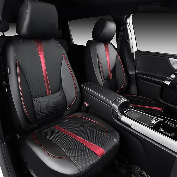 CAR PASS Nappa Leather Two Front Car Seat Covers, Water Resistant Faux PU Leather Seat Covers, 3D Foam Support Automotive Seat Covers Comfortable & Durable Universal Fit for Cars SUV Truck, Black Red