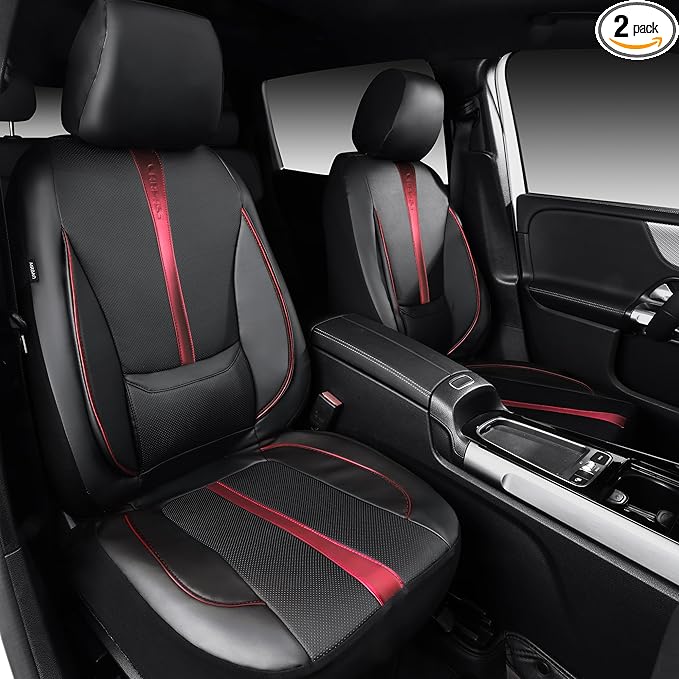 CAR PASS Nappa Leather Two Front Car Seat Covers, Water Resistant Faux PU Leather Seat Covers, 3D Foam Support Automotive Seat Covers Comfortable & Durable Universal Fit for Cars SUV Truck, Black Red