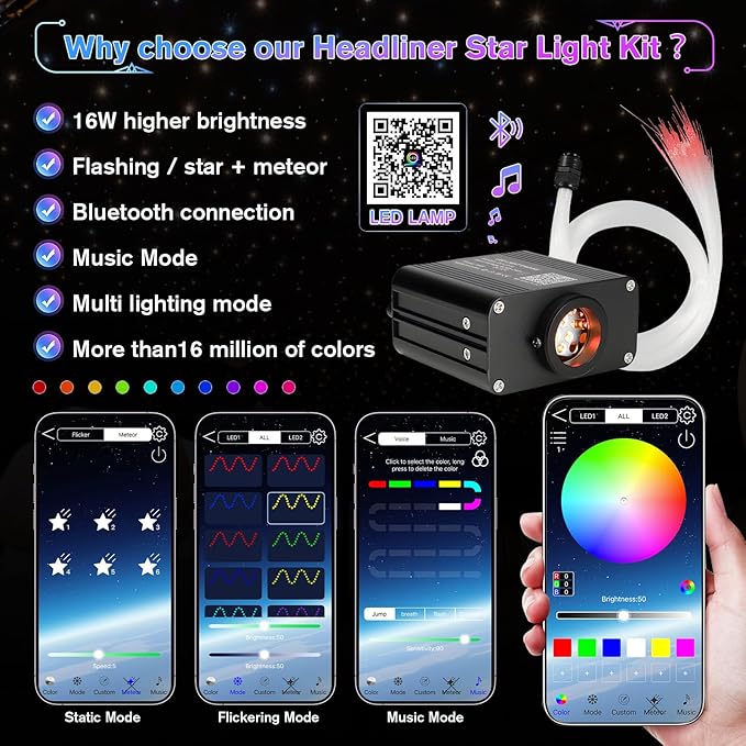 Starlight Headliner Kit, Twinkle Star Lights for Car Decor 500pcs*0.03in*9.8ft/3m, Fiber Optic Star Ceiling Lights APP/Remote Control for Car Roof Home Ceiling
