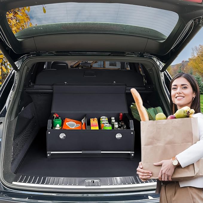 XCF Car Organizer Trunk, Durable Collapsible Leather Trunk Organizer with Lid and Sturdy Handle, Auto Cargo Storage Compartments, SUV/Car Accessories for Men/Women (11.4 x 27 x 12.2, Black)