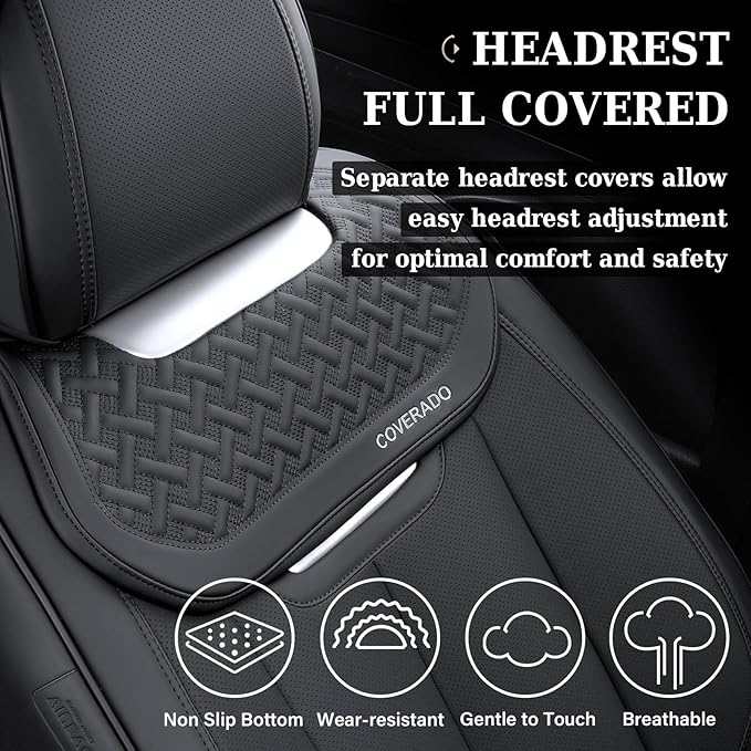 Coverado Car Seat Covers Front Seats, Nappa Leather Front Seat Covers, Waterproof Car Seat Cushion, Black Seat Covers Car Seat Protector Interior Accessories Fit for Most Cars