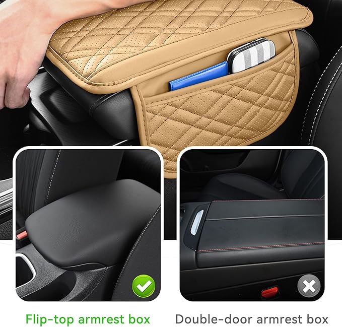 Car Center Console Cover, Leather Vehicle Arm Rest Cushion with 2 Storage Bags, Automotive Armrest Interior Seat Box Pad Accessories, Universal for SUV, Sedan, Truck (Beige)
