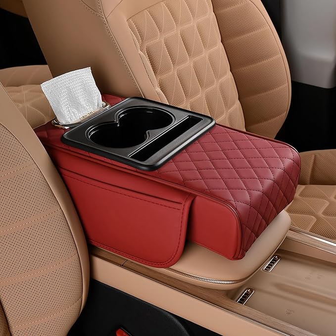 FREESOO Car Center Console Cover, Leather Armrest Cover for Car, Universal Middle Console Cushion With Storage Box, Cup Holder, Tissue Box, Phone Slot, Luxury Waterproof Interior Accessories, Wine Red
