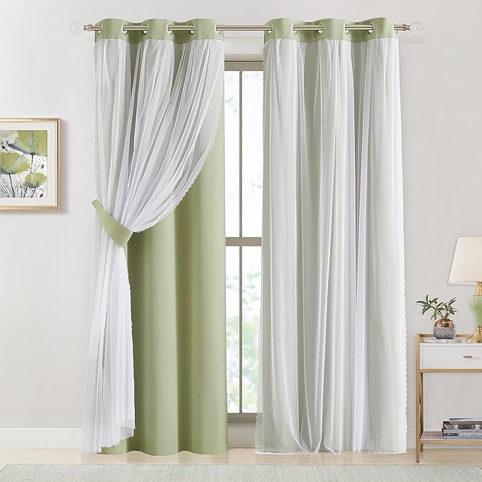 Bujasso Sage Green Blackout Curtains with Sheer Overlay Mix and Match Double Layer 90% Room Darkening Window Panels 95 inch Living Room Bedroom Green Drapes with Tiebacks Grommet Top 37" Wx95 Lx2