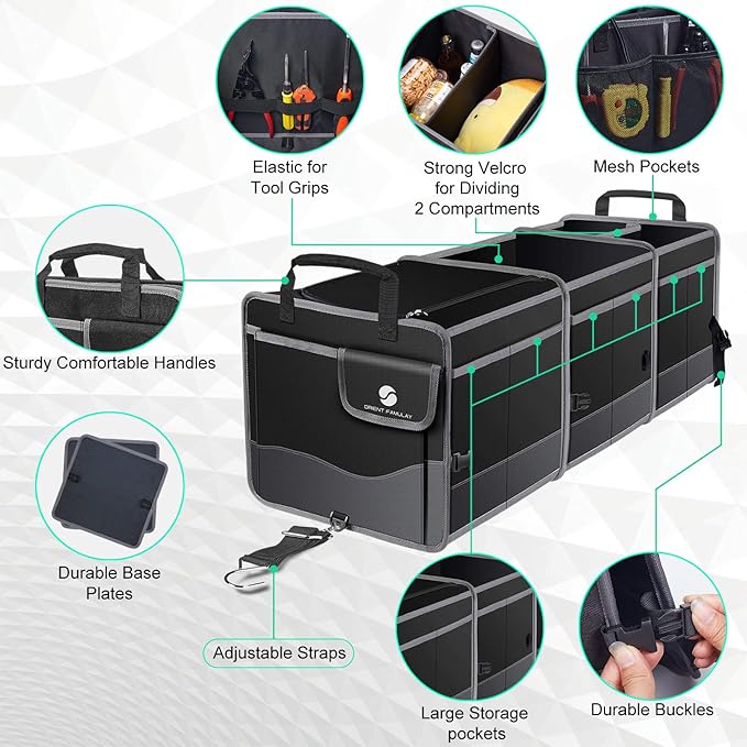 Trunk Organizer with Cooler, Collapsible Trunk Storage Container with Non Slip Bottom Strips, Large Multi-Compartment Waterproof Car Trunk Organizer Groceries for Vehicle Sedan, Suv, Truck,Van(Black)