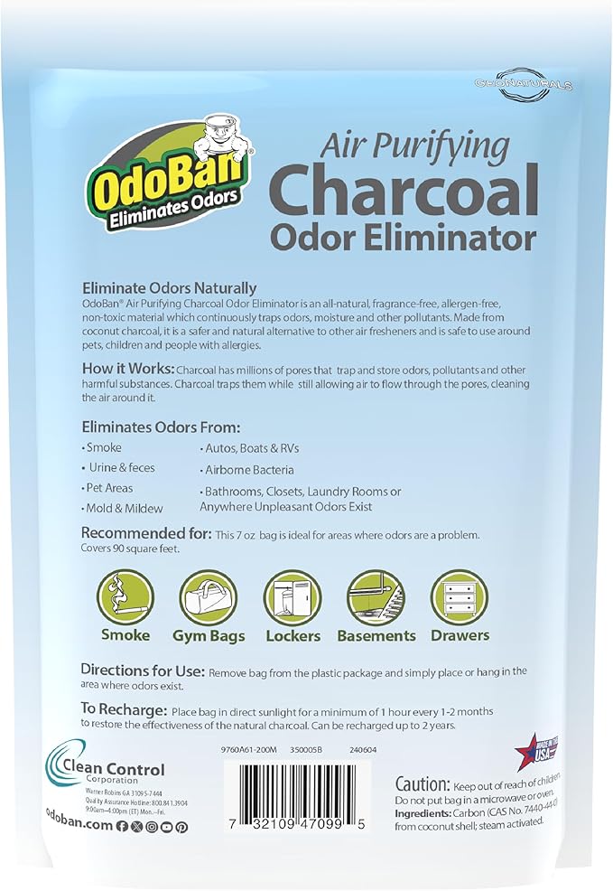 OdoBan Air Purifying Charcoal Natural Odor Eliminator, Non-Toxic Formula, Made in the USA, Fragrance Free, 6-Pack, 200 Grams Each