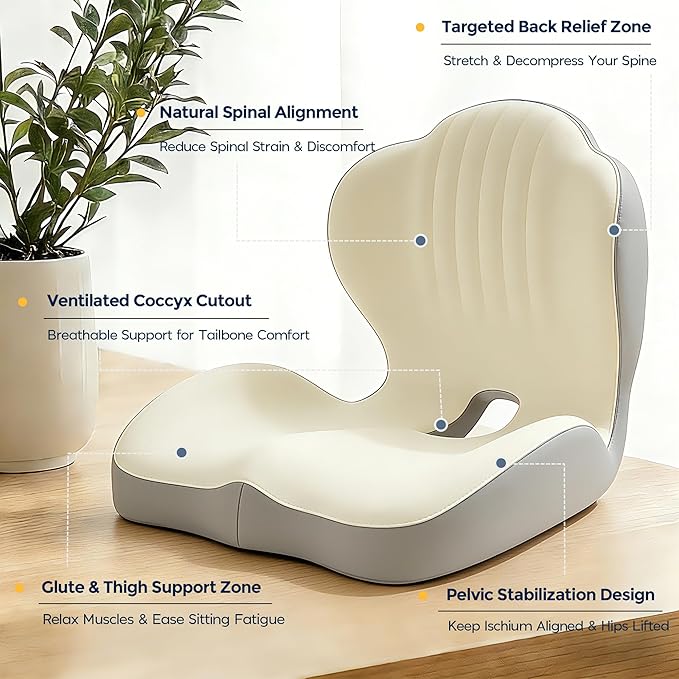 Seat Cushion for Office Chair Car, L-Shaped Ergonomic Seat Cushions,Memory Foam Orthopedic Cushion with Coccyx Hollow,Lumbar Support & Tailbone Pain Relief for Car, Truck, Gaming Chair,Beige & Gray