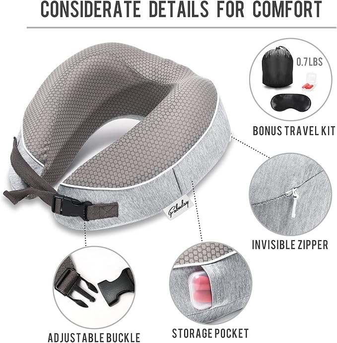 Travel Pillow for Airplane Memory Foam - Neck Support Travel Pillows for Sleeping, Traveling, Car, Home - Adult Flight Pillow Kit with Sleep Mask, Earplugs, Breathable Cover Machine Washable, Gray