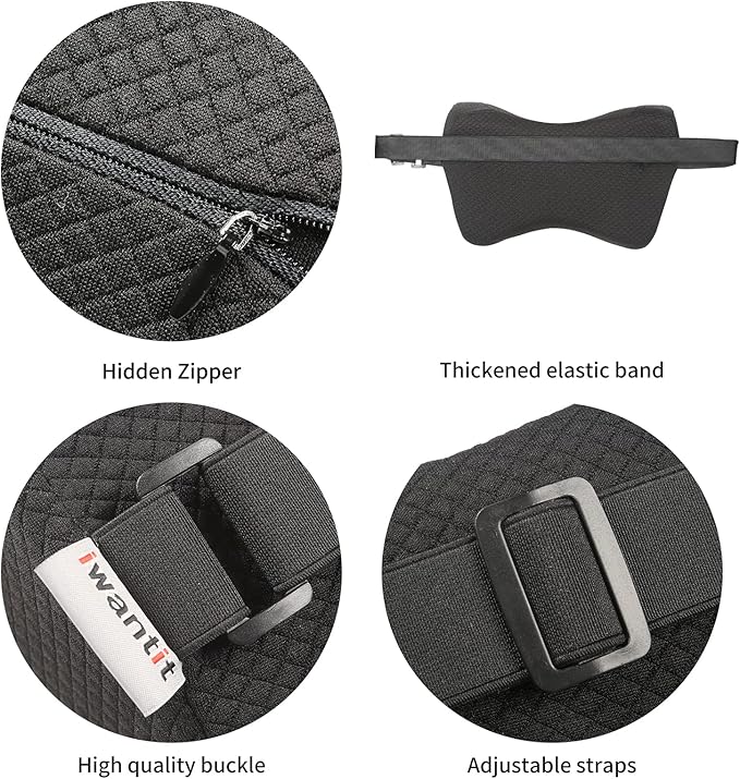 iwantit® Car Neck Pillows with Memory Foam, Neck Supporting for Long Time Driving, Adjustable Straps and Comfy Outer Cover(Black,1Package, Large Size)