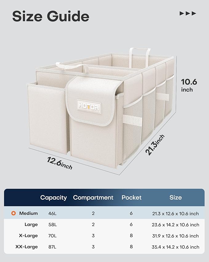 HOTOR Trunk Organizer for Car - Car Organizer, Foldable Trunk organizer for SUVs & Sedans, Sturdy Organization for Car Accessories, Tools, Sundries, Beige, 2 Compartments, 21.3"×12.6"×10.6"