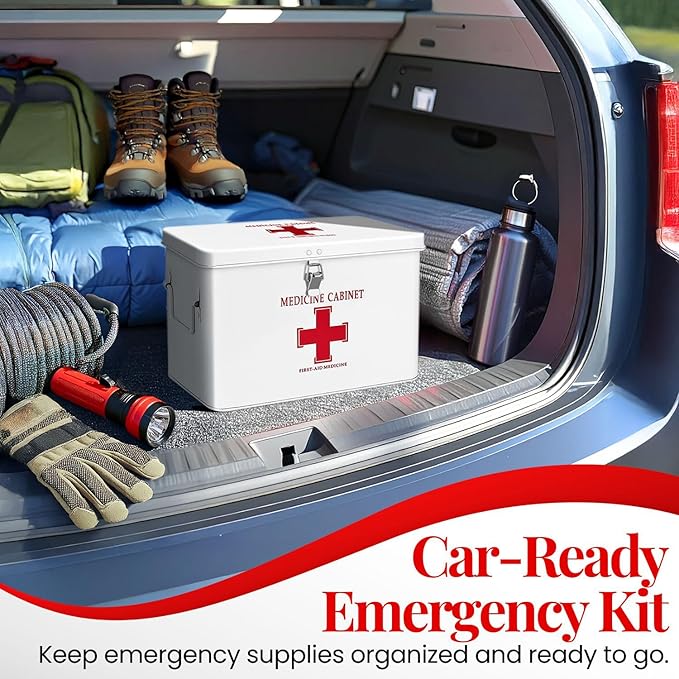 Flexzion First Aid Box Organizer Empty with Lock - 13" White Vintage First Aid Kit Tin Metal Medical Box - First Aid Storage Bin Container with Dividers, Removable Tray and Red Cross Logo