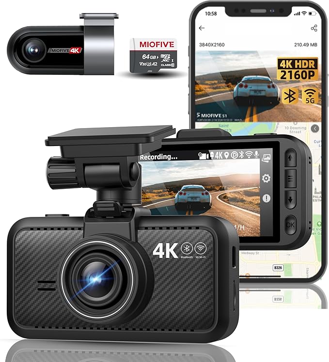 Miofive Dash Cam Car Front Rear 4K+4K WiFi Bluetooth Dash Cam with 64GB SD Card, Dual Car Camera with Parking Monitoring, Super Night Vision, HDR, G-Sensor, Loop Recording, App Control, Max 512GB