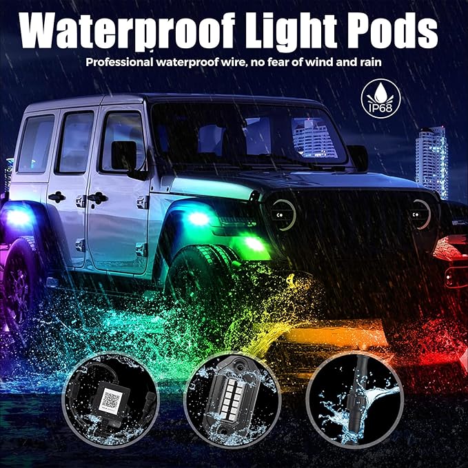 RGB LED Rock Lights Kit, 12 pods Multicolor Neon Light with Bluetooth App/Remote Control Flashing Music Mode, Aluminum Metal, IP68 Waterproof, 12v for Truck ATV UTV SUV